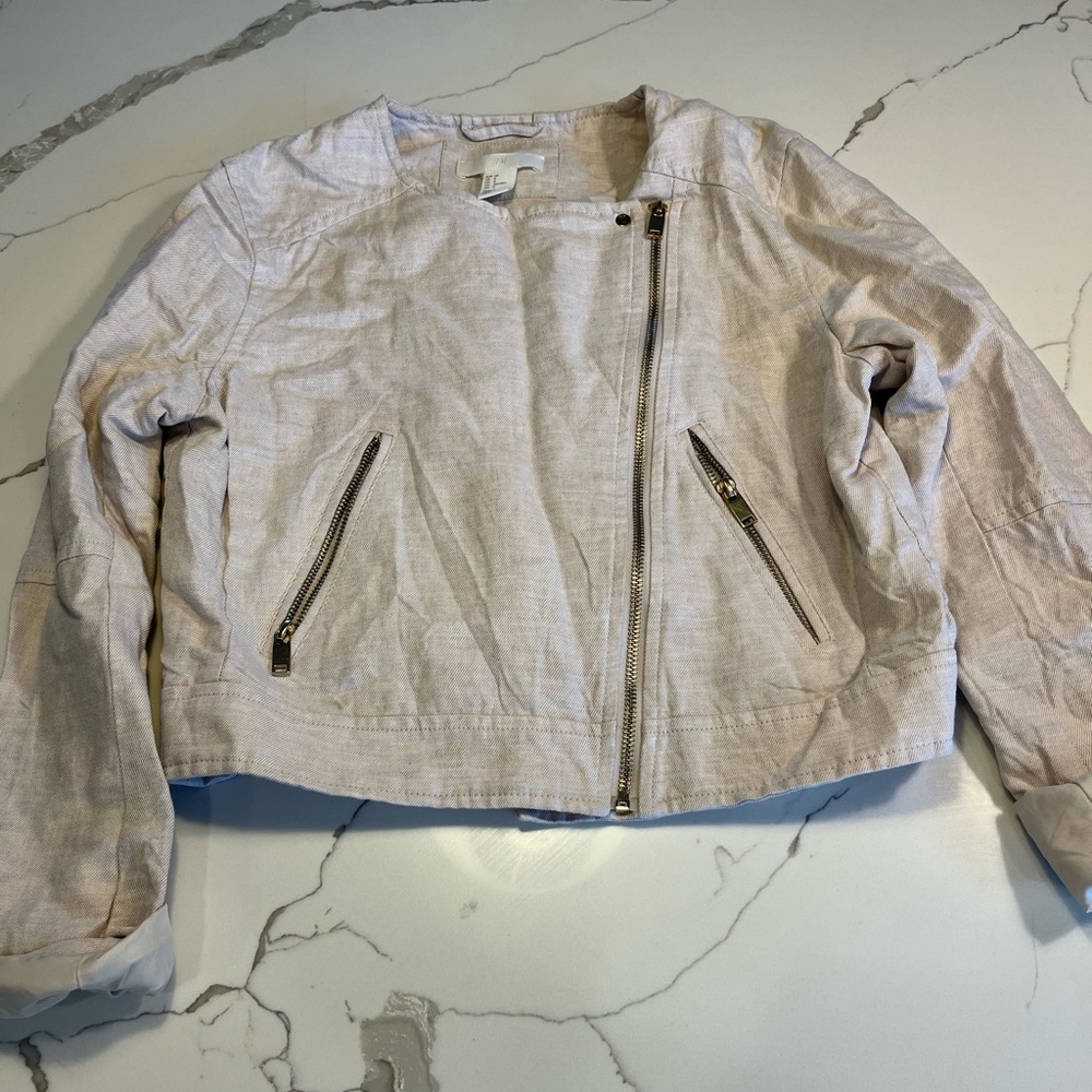 Beige/cream linen like cropped front zip jacket